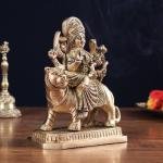 Pure Brass Goddess Durga Sitting on Tiger Idol 5.5" | Divine Strength, Courage & Protection | Intricately Crafted | Eliminate Evil & Grant Blessings | Sacred Decor